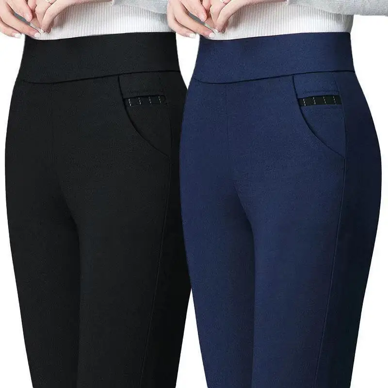 Spring Autumn Slim Pencil Pants Ladies Pockets Solid High Waist Elastic Sexy Shark Trousers Women Elegant Fashion Straight Pants