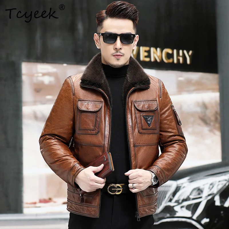 Фото Куртка мужская Tcyeek из натуральной овчины с верхним слоем из кожи, теплая зимняя куртка с натуральным мехом норки, модная, с эффектом промасленной кожи, 2026 №1