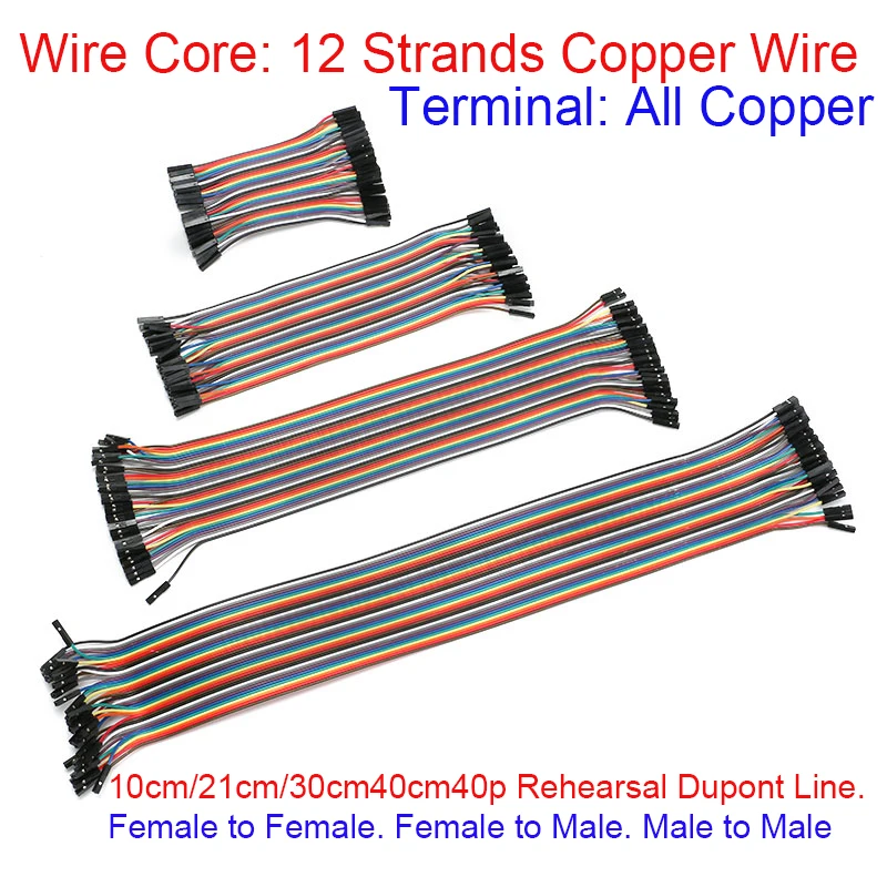 

1 PCS 40 Pin 12-strand Copper Wire Terminal Coloured Row Of Wires,10/21/30/40cm Female To Female Male To Male Male To Female