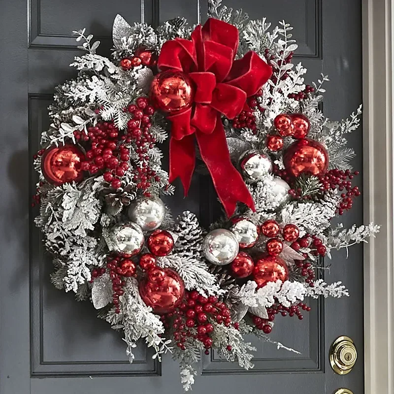 

Red Christmas Bows Flocking Rattan Garland New Year Home Indoor Outdoor Door Wall Decorations Holiday Decorations Handmade Craft