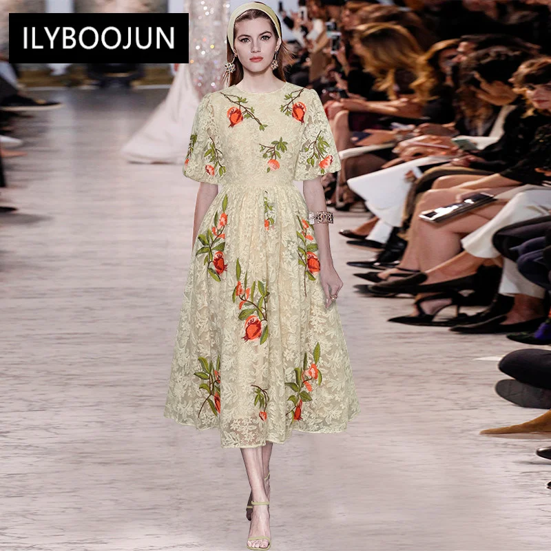 

Dresses For Women 2022 Elegant High Quality Luxury Designer evening Party short Puff Sleeve Flower Embroidery Mesh Midi Dress