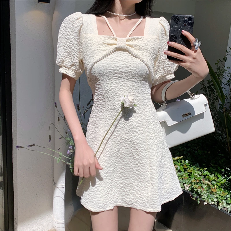 

Корейская версия, французское жаккардовое нежное платье для девушек, с квадратным воротником, с пышными рукавами и поясом 138b,514-5