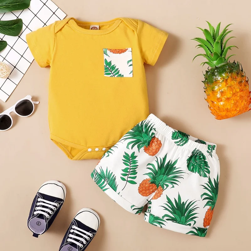 

Детская летняя одежда для новорожденных девочек, желтый комбинезон с коротким рукавом и круглым вырезом + искусственная кожа, 2 шт.