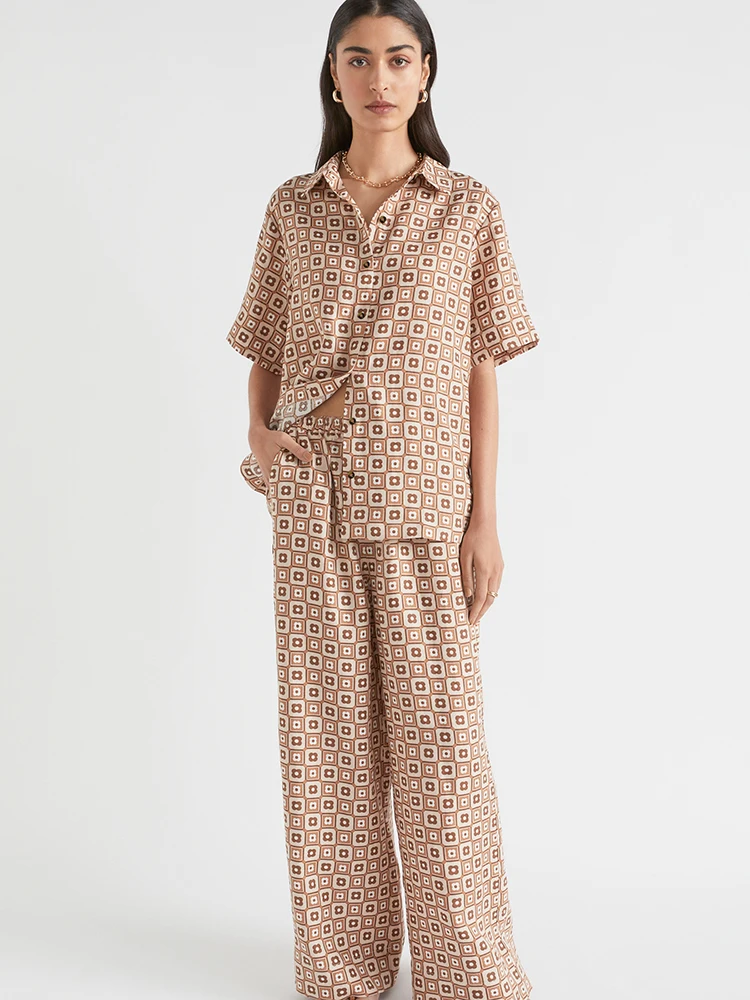 

Linad Loose Pajamas For Women 2 Piece Sets Print Short Sleeve Sleepwear Female Casual Trouser Suits Summer Fashion Nightwear