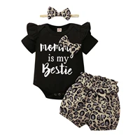 summer kids baby girls clothing tops and shorts set fashion letter short sleeve bodysuit and leopard short pants with headband