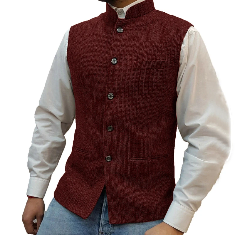 

Men Herringbone Single Breasted Slim Fit Stand Collar Punk Plus Size Outwears Padded Vest Work Clothes Four Coat Male Seasonal