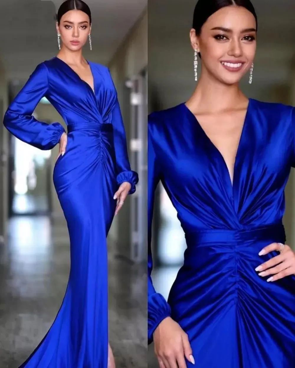 

Elegant Royal Blue Evening Dresses 2023 V Neck Long Sleeves Mermaid Arabic Celebrity Prom Dress For Women Party Robes De Soirée
