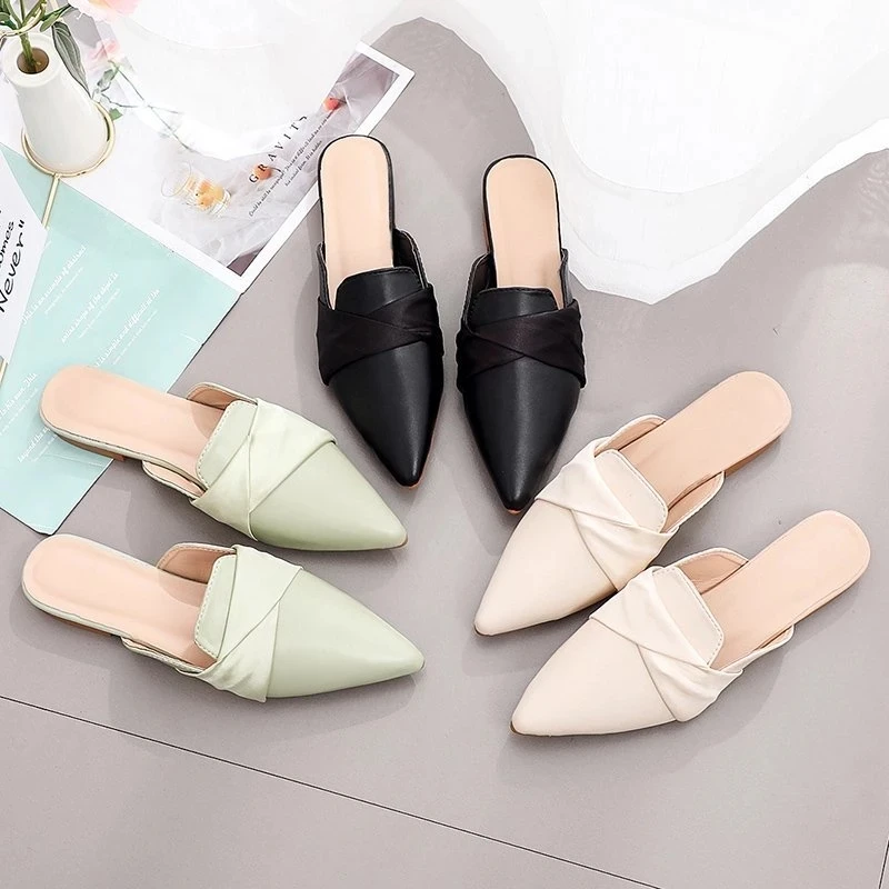 

2022 Summer Bow Knot Women's Slippers Flat Solid Color Muller Shoes Women's Slippers Pointed Toe Casual Home Slippers Black