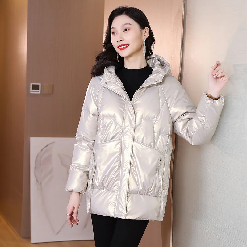 Cotton padded clothes for women in 2022 winter, new Korean cotton padded clothes, medium long, bright, loose, hooded, thickened