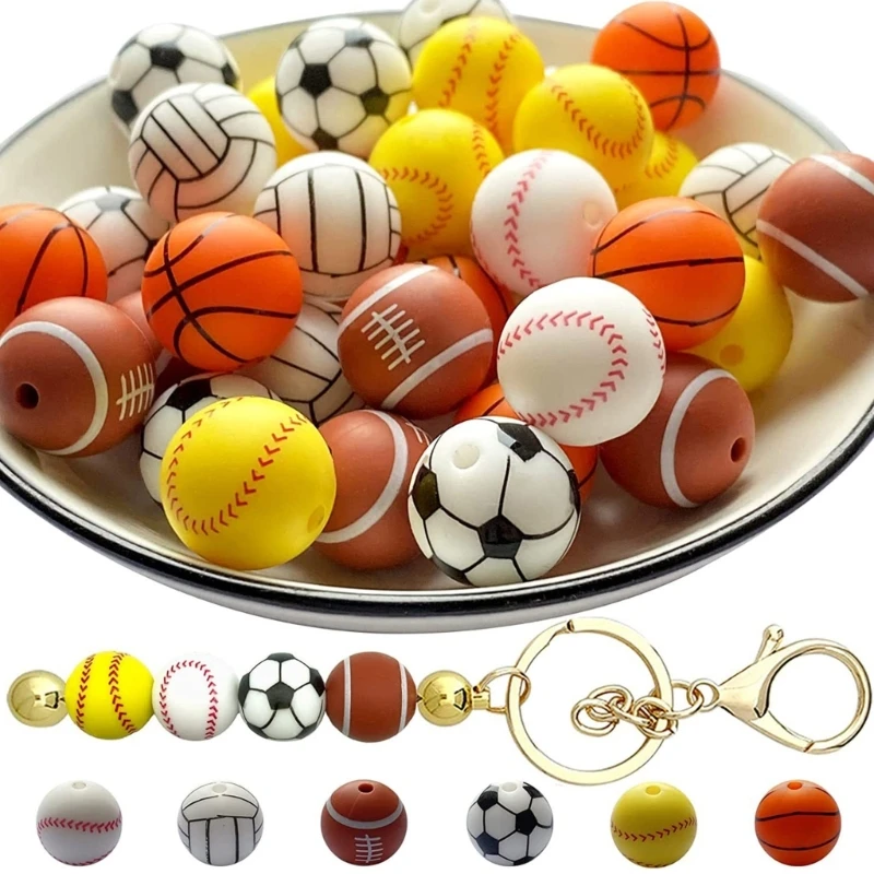 

49Pcs/set Silicone Sports Beads Kit Beaded Keychain 15mm Food-Grade Silicone Beads DIY Football Basketball Bracelet