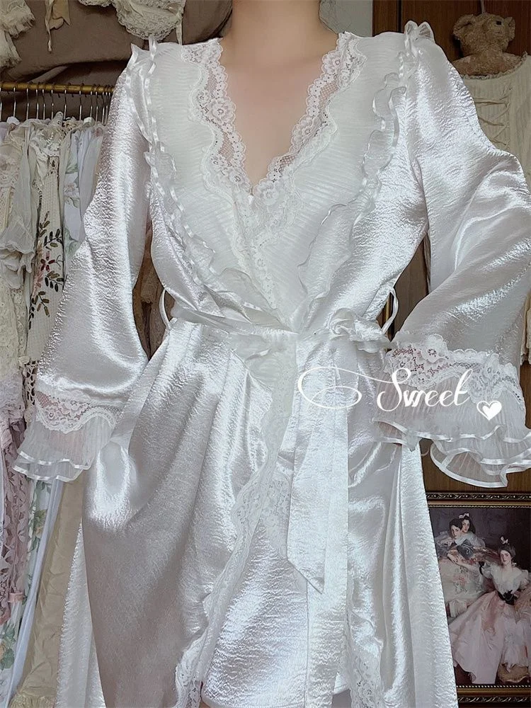 Night Dress Women Ruffled Sexy White Robe Lingerie Sleepwear Bridesmaid Lady Party Bathrobe Nightgown Pajamas Dressing Home Wear
