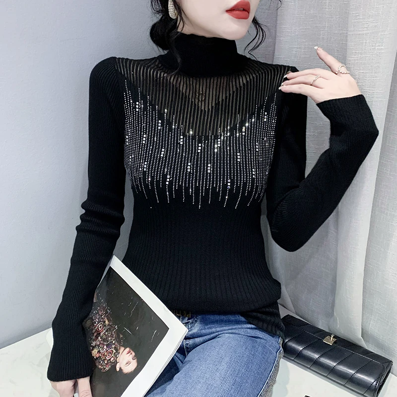 

Fall Winter Knitted Mock Neck Sweater Sexy Spliced Hollow Out Ruffles Diamonds Women's Bottoming Shirt Pullovers Slim Tops 1015