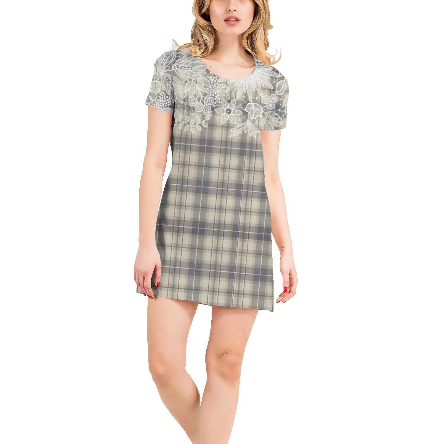 

Retro plaid flower print T-shirt skirt women summer loose large size oversize short-sleeved skirt street trend a-line skirt