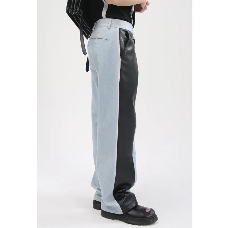 Men Clothing New Pattern Recreational Vintage Broad Leg Jeans Straight Cylinder Loose Leather Surface Splice Pants Autumn Female