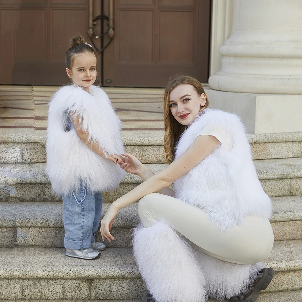 JANEFUR Монгольская овечья меховая безрукавка мода 2023 подходит для мамы и дочери без