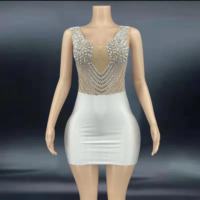 

Sexy Stage Shining White Rhinstones Mesh Sleeveless Dress Transparent Evening Costume Stage Dance Wear Dance Performance Dress