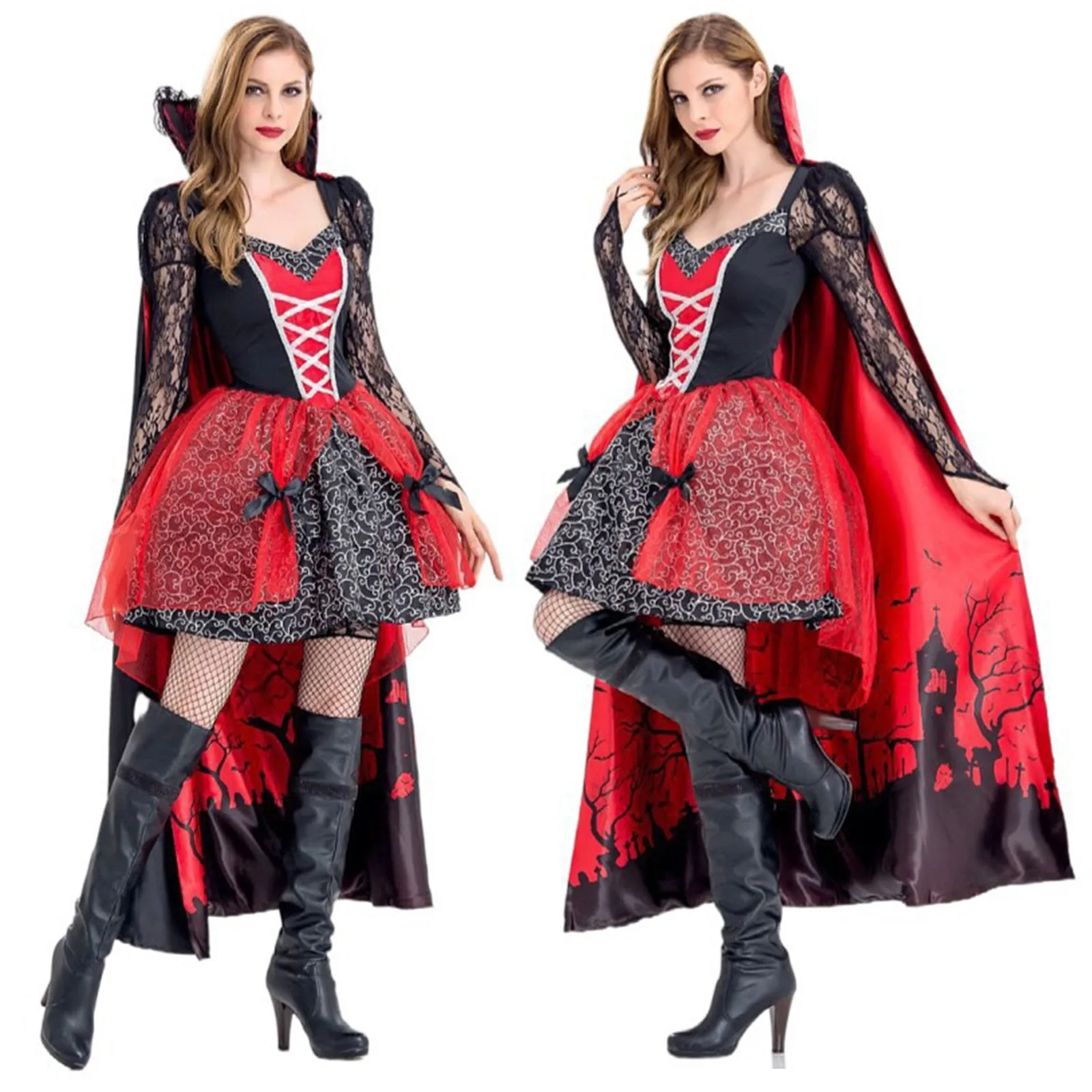 

Halloween Witch Costume Makeup Ball Vampire Zombie Girls Costumes Devil Queen Cosplay Costume Red Dress and Cape Two Piece Set