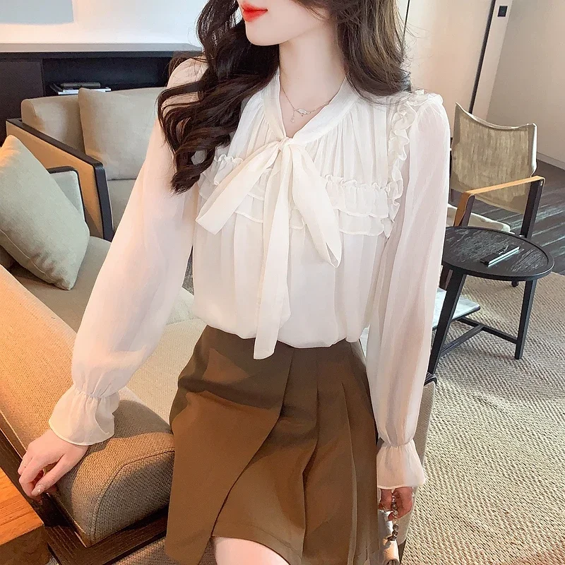 Женская шифоновая блузка с длинным рукавом V-образным вырезом