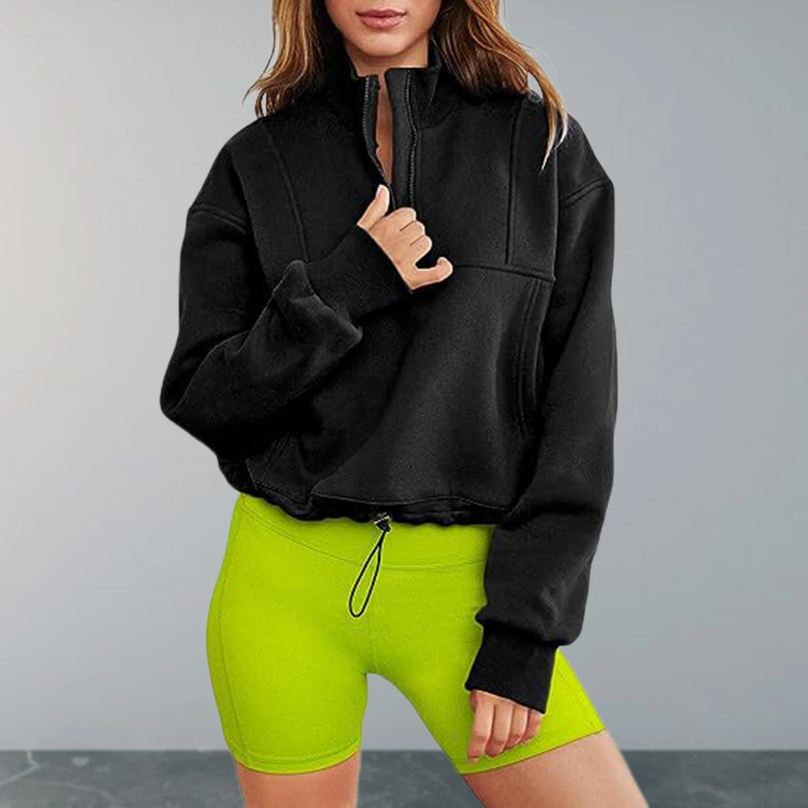 

Women Casual Sweatshirts Stand Collar Ladies Warm Pullover Hem Drawstring Top Solid Color Loose Fit Cotton Blended Daily Outfit