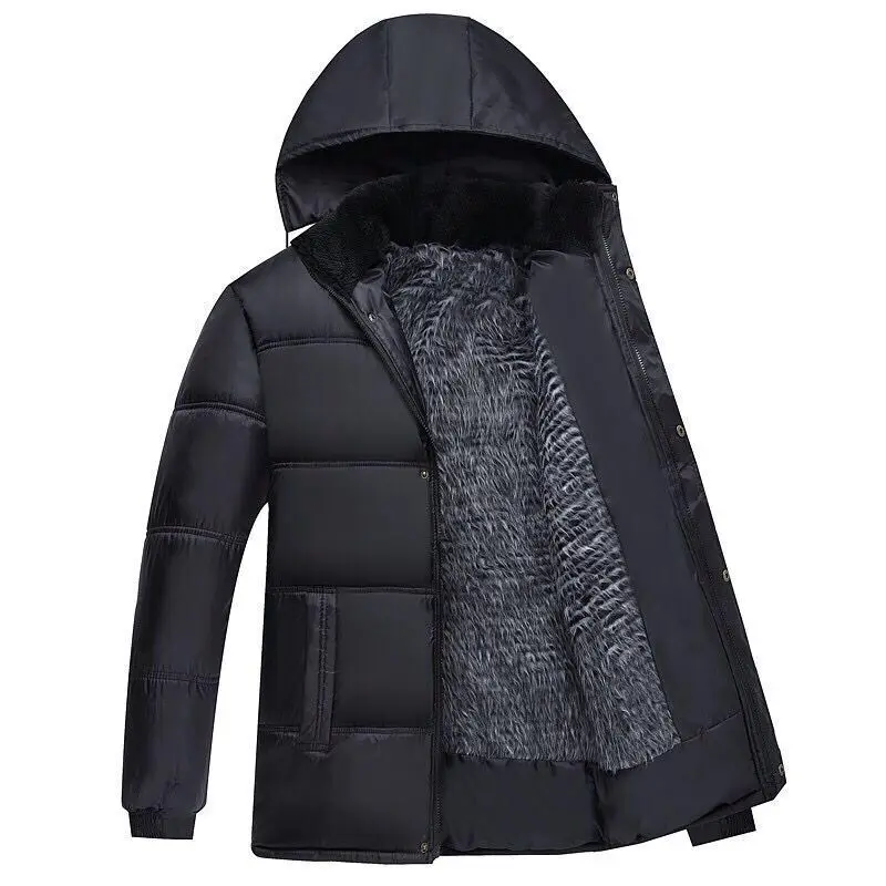Plus Size Cold Winter Outdoor Men Plush Thicken Parkas Coat Black Colour Lamb Fluff Lining Hooded Middle Elderly Aged Clothing