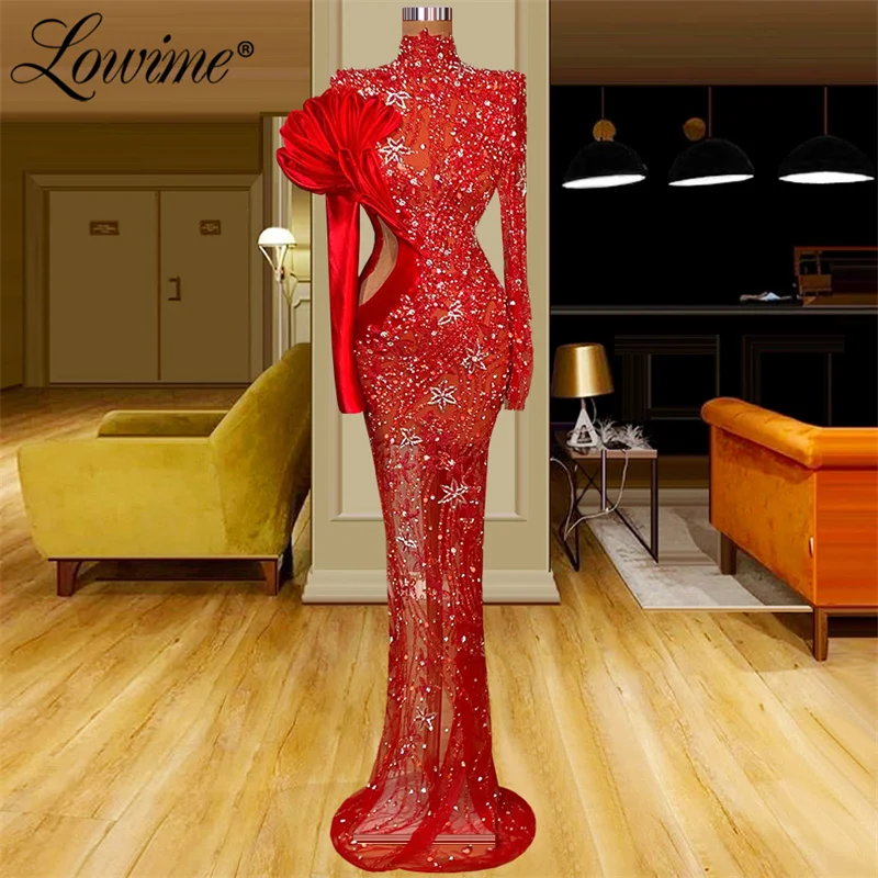 

Lowime Illusion Red Pageant Evening Dresses Mermaid Long Sleeves Wedding Party Dress Robes Plus Size Crystals Prom Gowns 2022