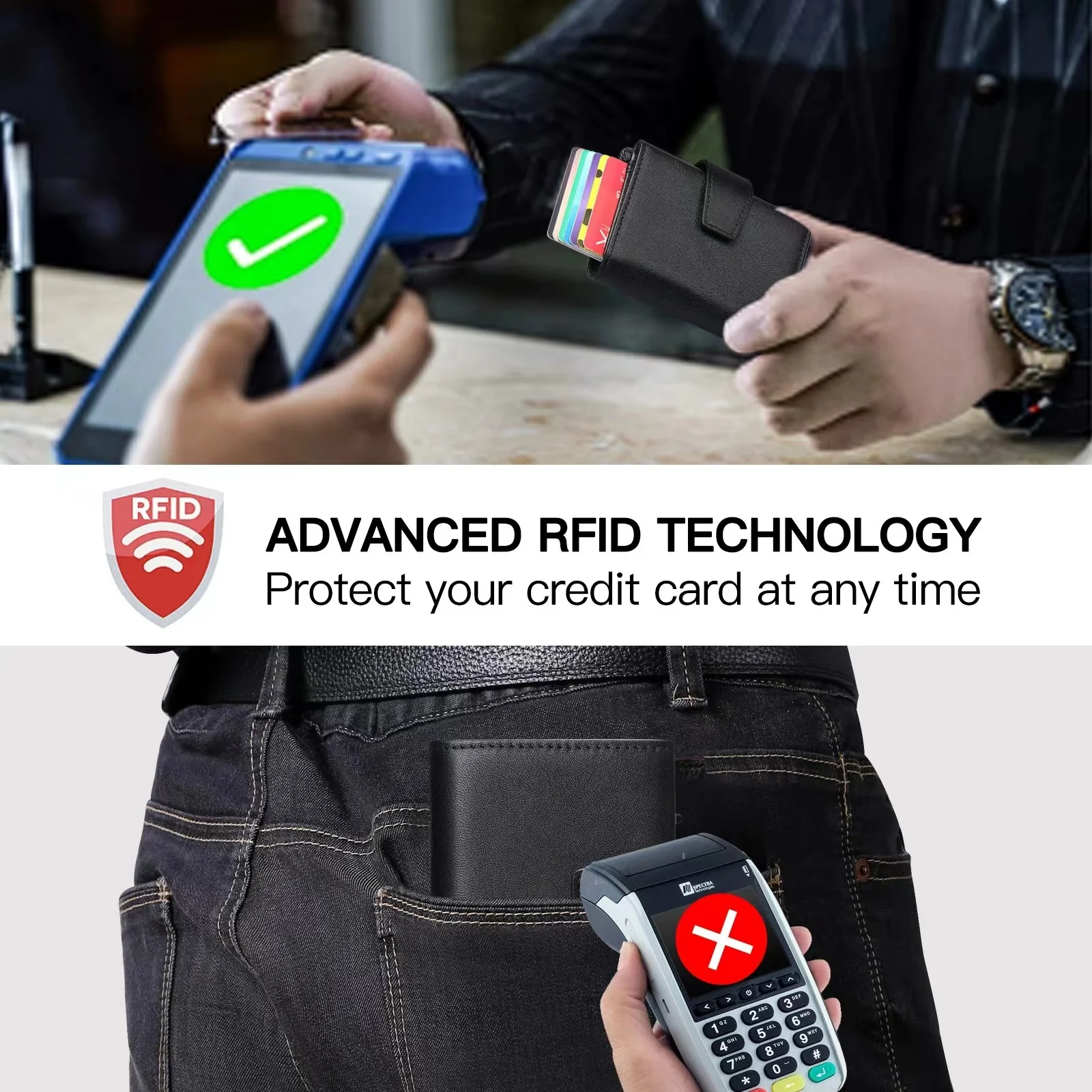 New Portable Belt Fashion Men's Leather Short Large Capacity Business Wallet With Aluminum Alloy Automatic Card Box