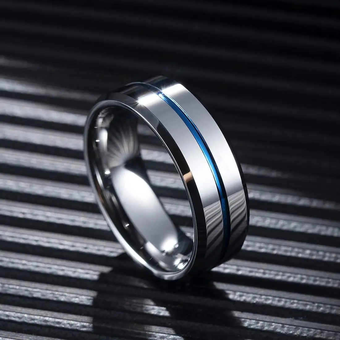 

Fashion 8mm Blue Groove Titanium Steel Rings For Men Women Silver Color Brushed Men Stainless Steel Ring Wedding Band Jewelry