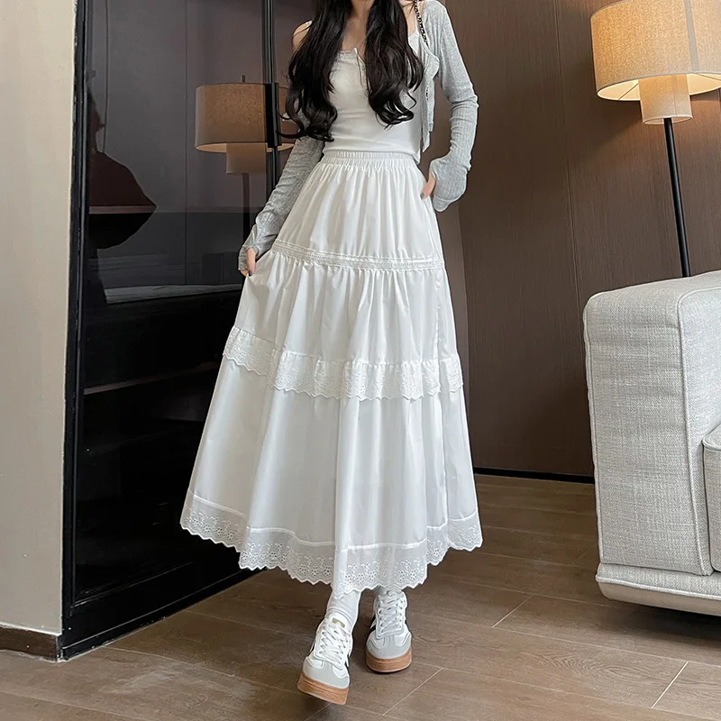 Женская кружевная юбка белая драпированная с высокой талией весна-лето 2024