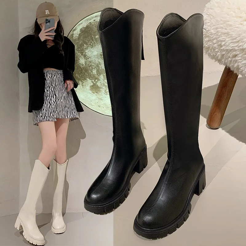 

Women's long boots Round toe thick sole knee high boots Women's back zipper riding boots Warm women's shoes Fashion winter shoes