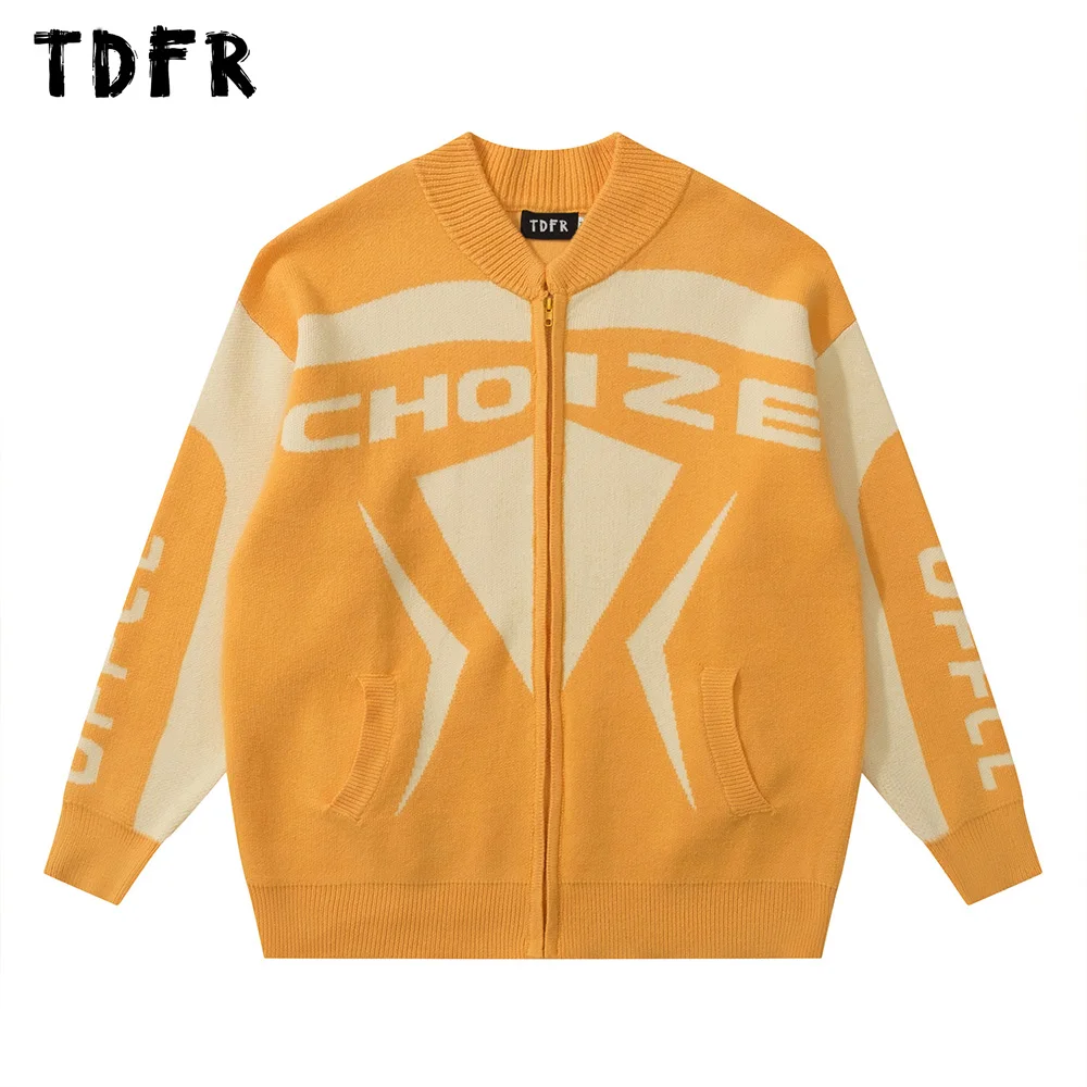 

Letter Jacquard Sweatercoat Mens Autumn Winter Contrast Paneled Casual Loose Zipper Long Sleeve Knitted Sweater Men
