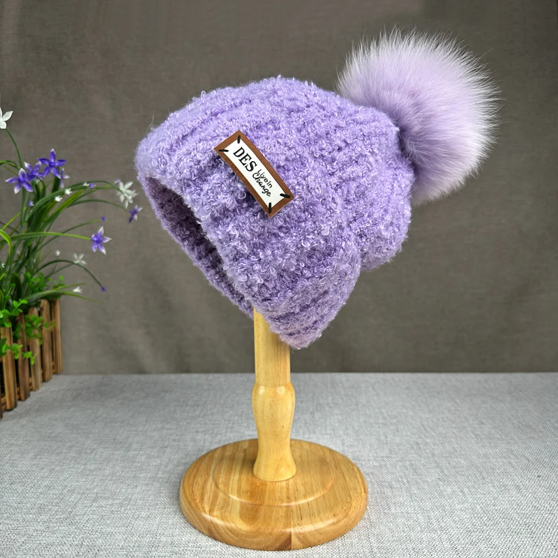 Теплая Шерстяная Вязаная Плюшевая Шапка-бини С Помпоном Из Натуральной Лисы