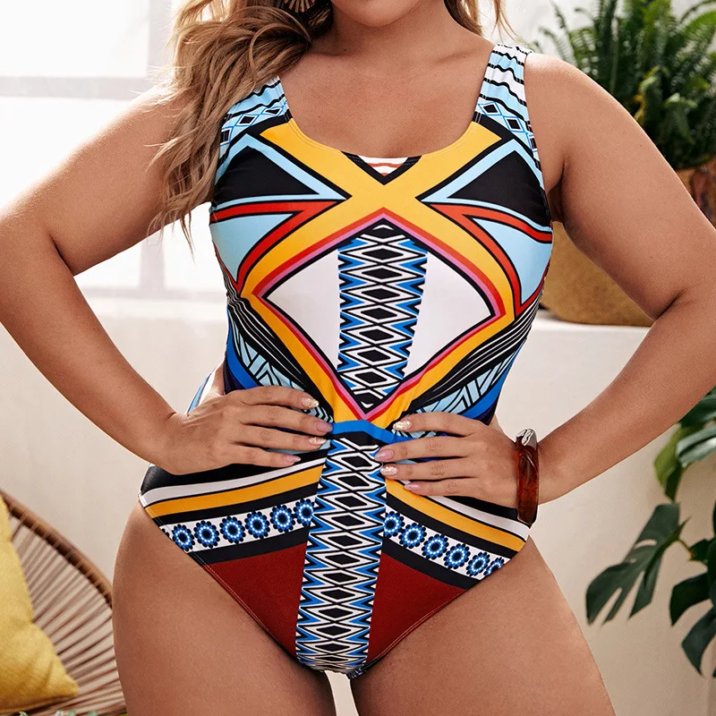 

Big Size Swimsuit 2022 New Fashion Geometric Print One Piece Bikinis Women's Swimsuit Plus Size Swimwear