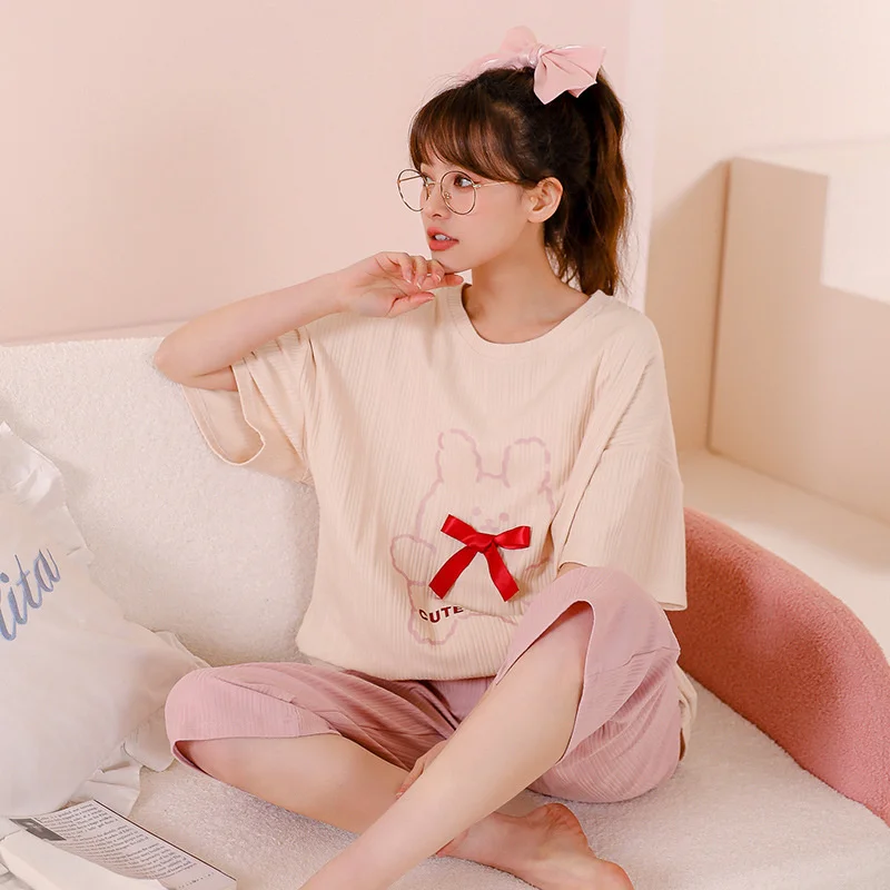 Pajamas women's summer new cotton net red new short sleeved Capris cute students can wear home clothes suit