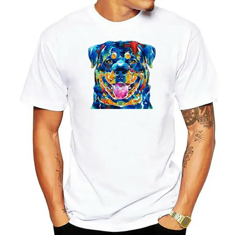

round neck cool man's T-shirt colorful rottie art rottweiler by sharon cummings Fashion Printed men's T-Shirt Short Sleeve