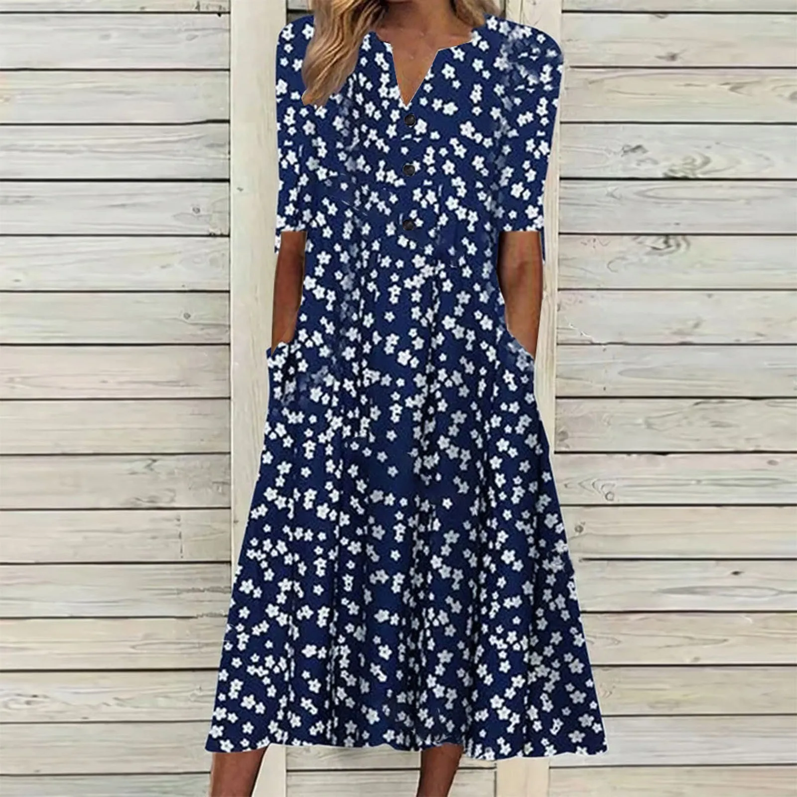 

Women Summer Floral Print Dress Sexy V Neck Side Slit Elegant Long Dress Female Casual Short Sleeve Button Party Dress Vestidos