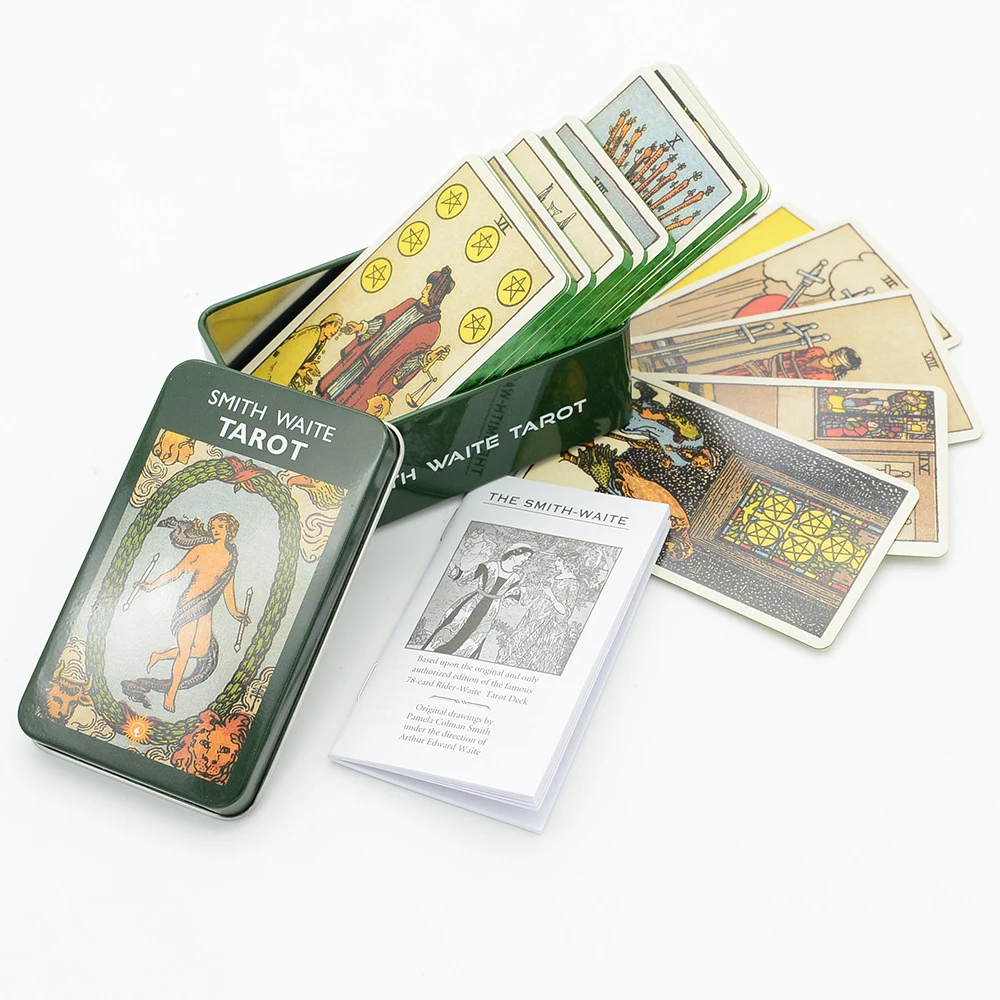 

Карты Таро Tapo Deck Smith Waite в жестяной металлической коробке с позолоченными краями руководство для гадания развлекательной игры, 78 карт Новинка 2023