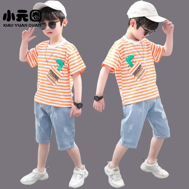 

2022 Children New BoysTeenager Casual Tracksuit graffiti Boy Kids Clothes T-shirt + Denim Shorts Pants 4 6 7 8 9 10 11 12 year