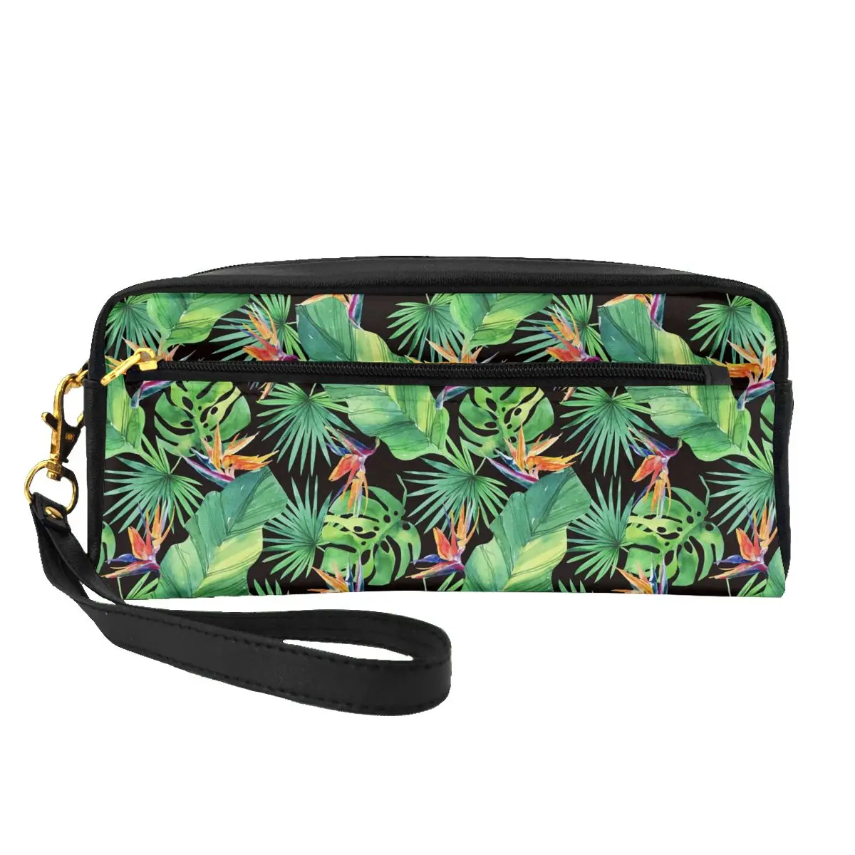 

Jungle Tropical Leaf Leather Storage Organizers Bird Print Multi-purpose Traveling Makeup Pouch Couples Cosmetic Bags