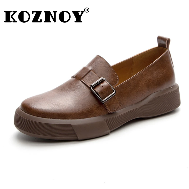 

Koznoy 4cm Retro Ethnic Genuine Leather Summer Comfy Women Soft Soled Flat Loafers Breathable Slip on Buckle Strap Shallow Shoes