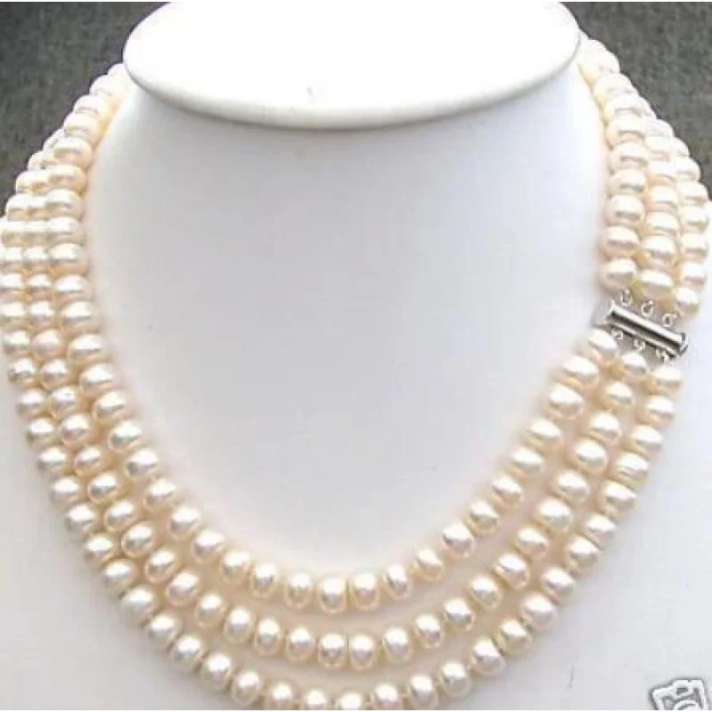

Hand knotted 3 rows color 7-8mm freshwater pearls necklace length 17-19 "; pearl Jewelry