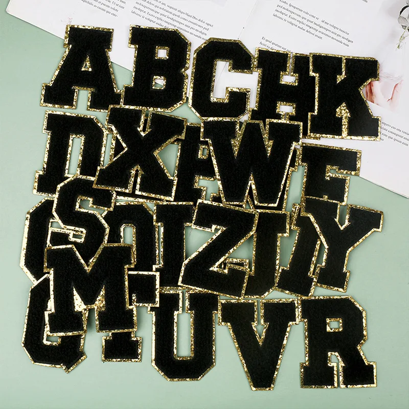 

Black Letters Sequins Patches Towel Embroidered Alphabet Felt Chenille Sew on Patch for DIY Accessories Applique Glitter A-Z 8CM
