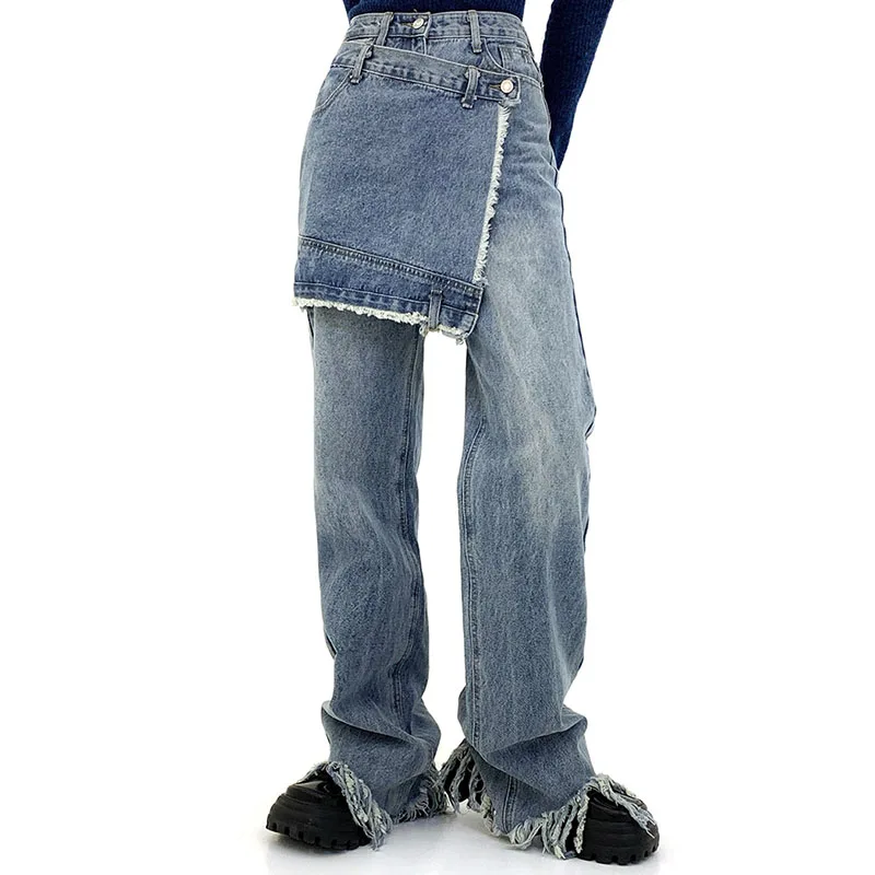 

Vintage Fake 2 Pieces Wide Leg Jeans for Women Casual Loose Trousers Floor Length Straight High Waist Denim Pants Y2K Streetwear