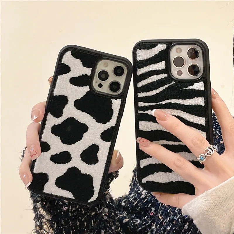 

Korean Winter Fuzzy Cow Zebra Pattern Phone Case For iPhone 13 12 11 Pro Max XR XS 7 8 Plus Fashion Cute Plush Embroidery Cover