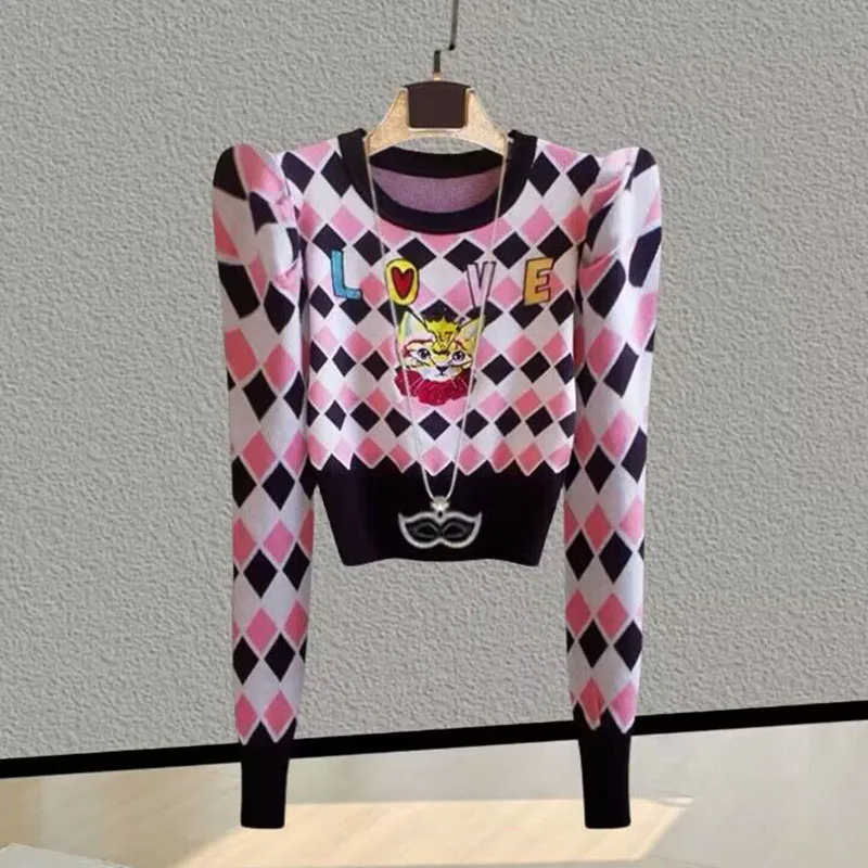 Женский свитер с мультяшной вышивкой пуловеры пышными рукавами и круглым