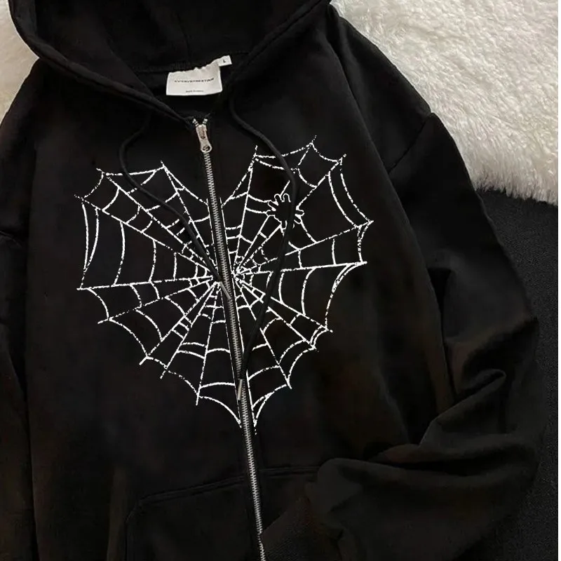 

Y2k Clothing Hooded Grunge Sweatshirt Plus Casual Streetwear Gothic Spider Web Punk Oversize Winter Hip Hop Vintage Tops