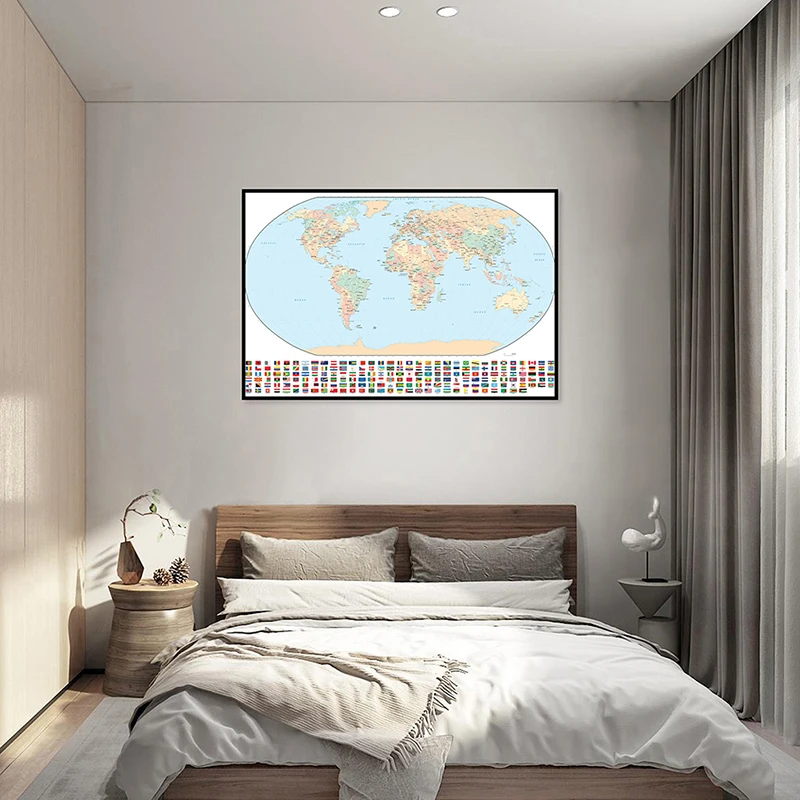 

59*42cm Map of The World Wall Decorative Maps with National Flags Unframed Canvas Painting Home Decor School Teaching Supplies