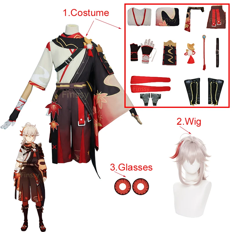 

Genshin Impact Kaedehara Kazuha Cosplay Costume Halloween Carnival Samurai Costume Wig Red Glasses