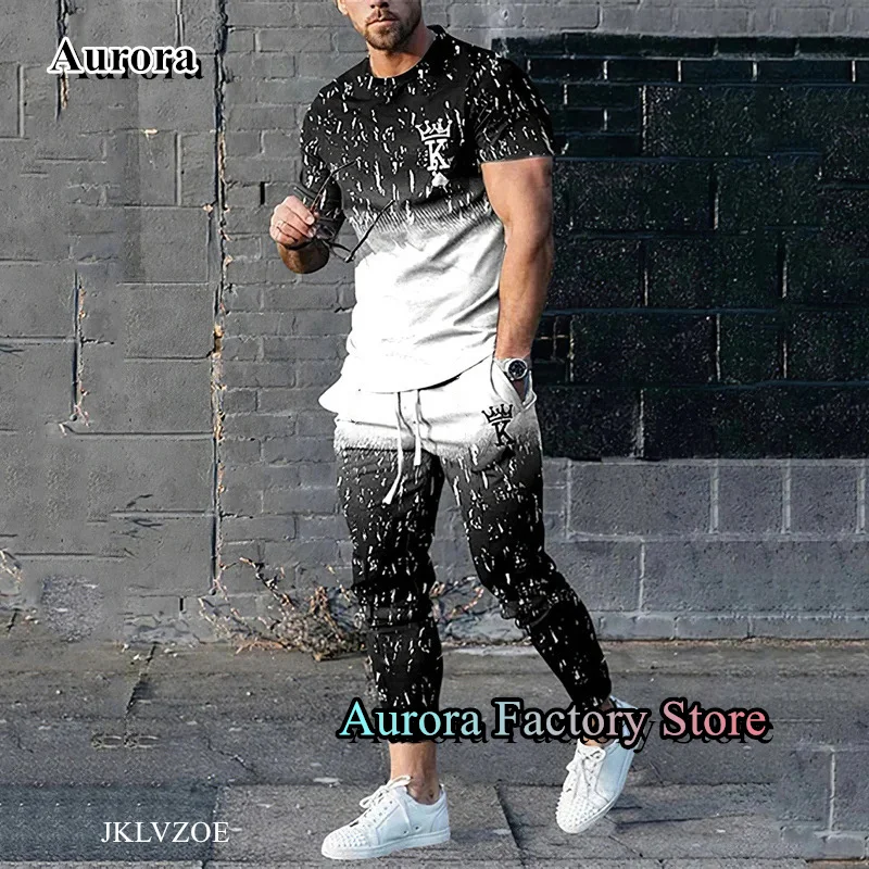 Summer Men K Printed Tracksuit King Pattern T-Shirt Trousers Set Casual Jogging Suit Fashion Outfit Male Oversized Streetwear