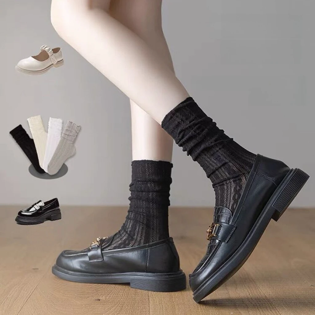 2 Pairs Women Fashion Long Bubbles Loose Socks Summer Spring Solid White Sweet Soft Lolita Korean Mesh Designer Breathable Lace