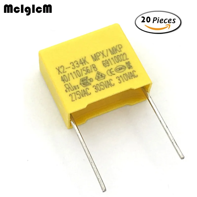 

MCIGICM 20pcs 330nF capacitor X2 capacitor 275VAC Pitch 15mm X2 Polypropylene film capacitor 0.33uF